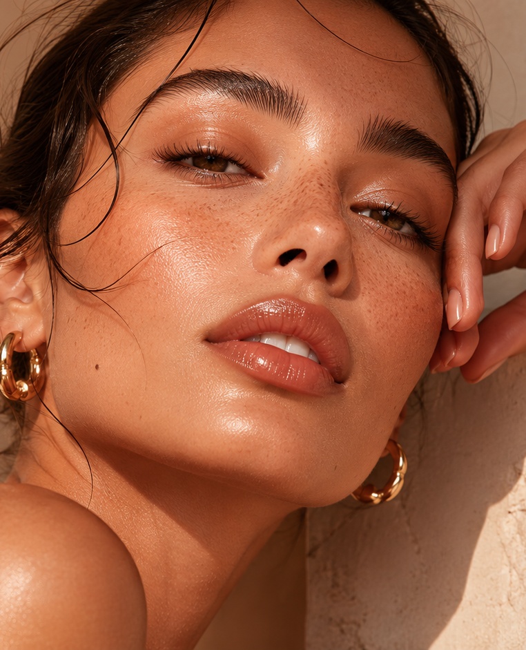 A close-up beauty portrait with warm light and glossy skin