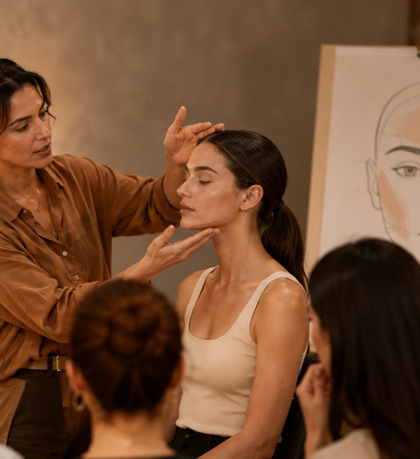 A makeup artist teaching facial structure and color placement