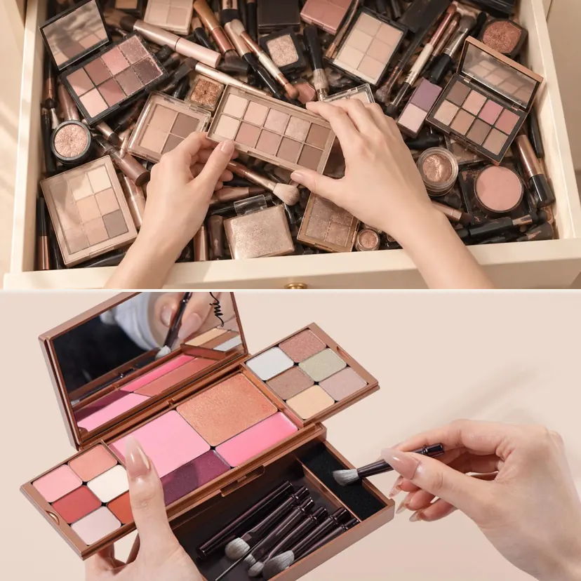 Before: a drawer full of makeup. After: one MiPalette with only the shades you use.